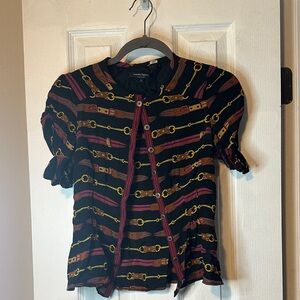 Short-Sleeve Chain & Belt Print Blouse - Black/Burgundy